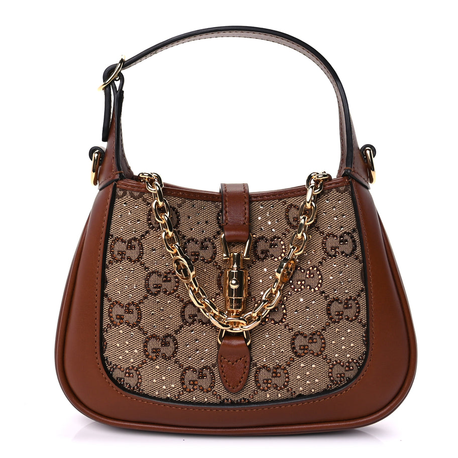 Gucci New Canvas Charisma Calfskin Crystal GG Monogram Mini Jackie 1961 Hobo Camel Ebony Image 1