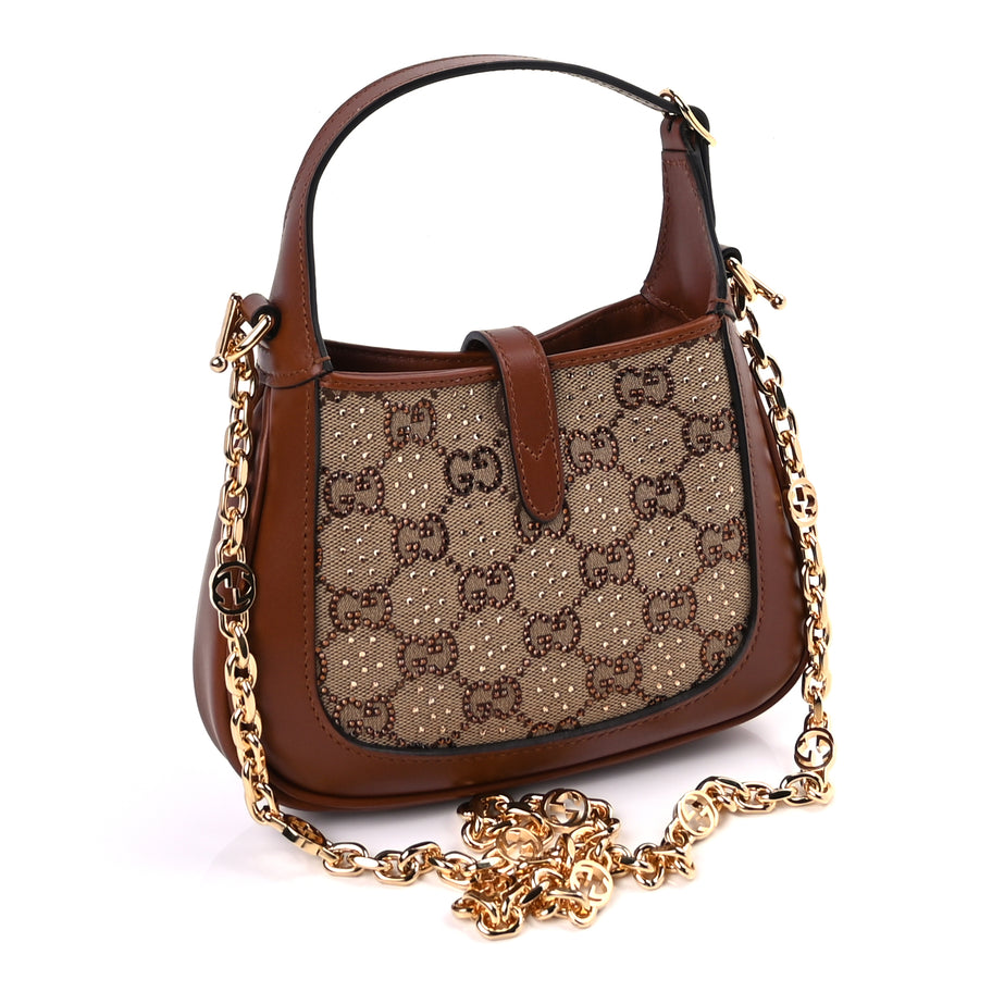 Gucci New Canvas Charisma Calfskin Crystal GG Monogram Mini Jackie 1961 Hobo Camel Ebony Image 2
