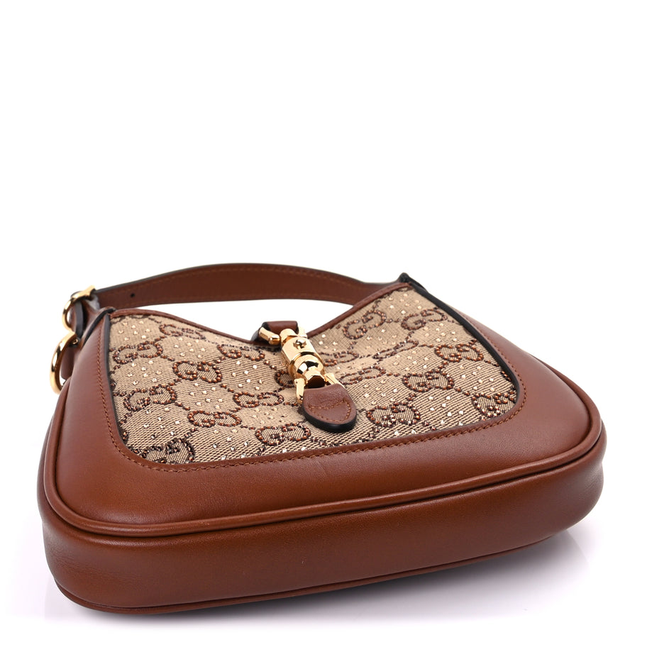 Gucci New Canvas Charisma Calfskin Crystal GG Monogram Mini Jackie 1961 Hobo Camel Ebony Image 3