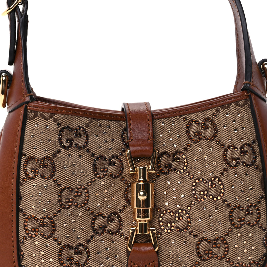 Gucci New Canvas Charisma Calfskin Crystal GG Monogram Mini Jackie 1961 Hobo Camel Ebony Image 6