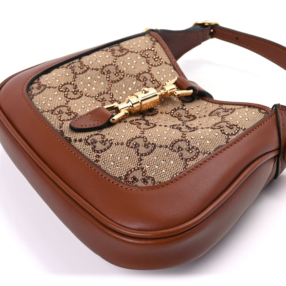 Gucci New Canvas Charisma Calfskin Crystal GG Monogram Mini Jackie 1961 Hobo Camel Ebony Image 7