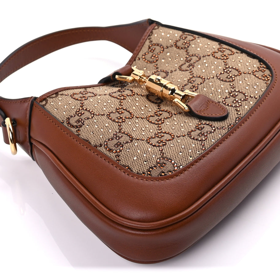 Gucci New Canvas Charisma Calfskin Crystal GG Monogram Mini Jackie 1961 Hobo Camel Ebony Image 8