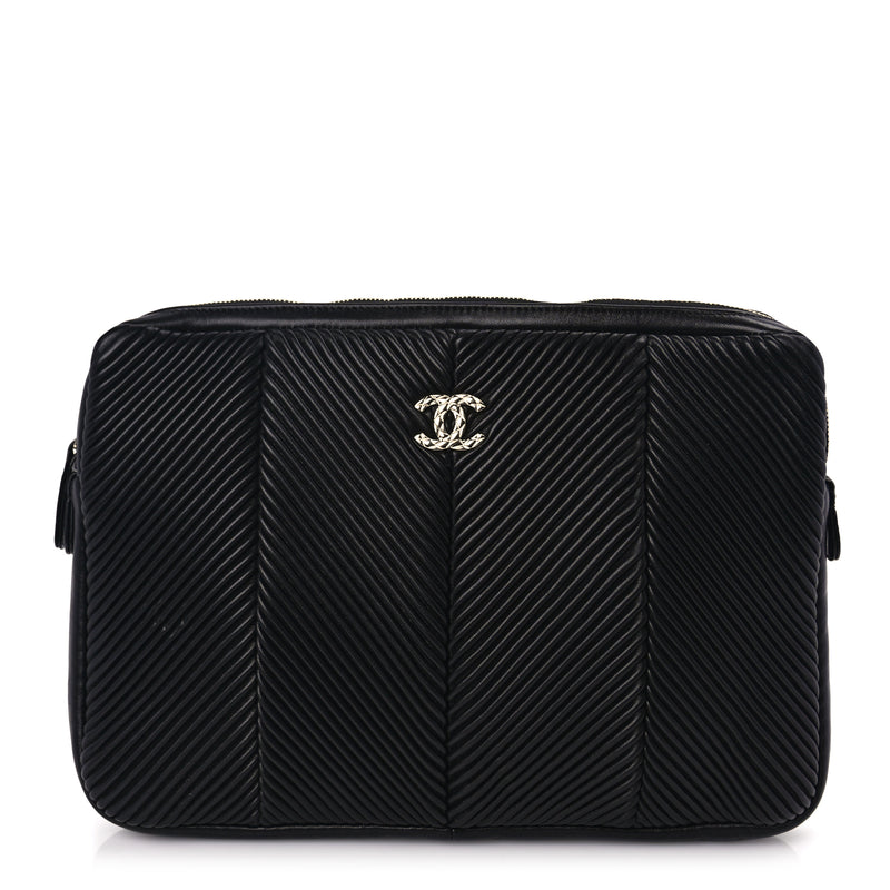 Chanel Lambskin Chevron Pleated Large Cosmetic Case Black