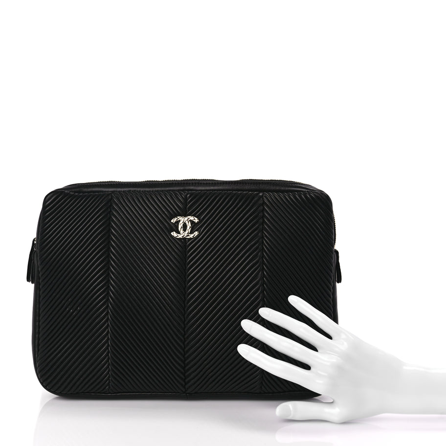 Chanel Lambskin Chevron Pleated Large Cosmetic Case Black Image 2