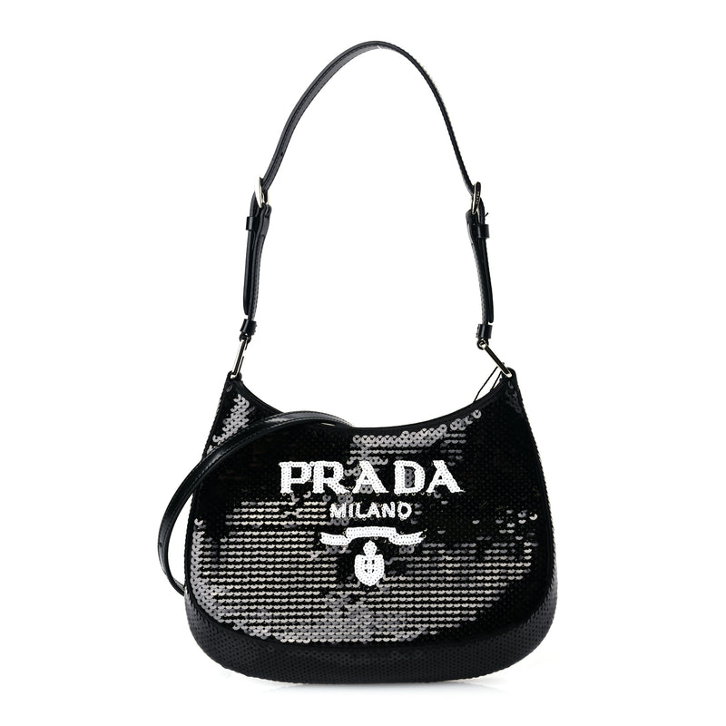  Prada Paillettes Sequin Logo Cleo Adjustable Strap Shoulder Bag Black White