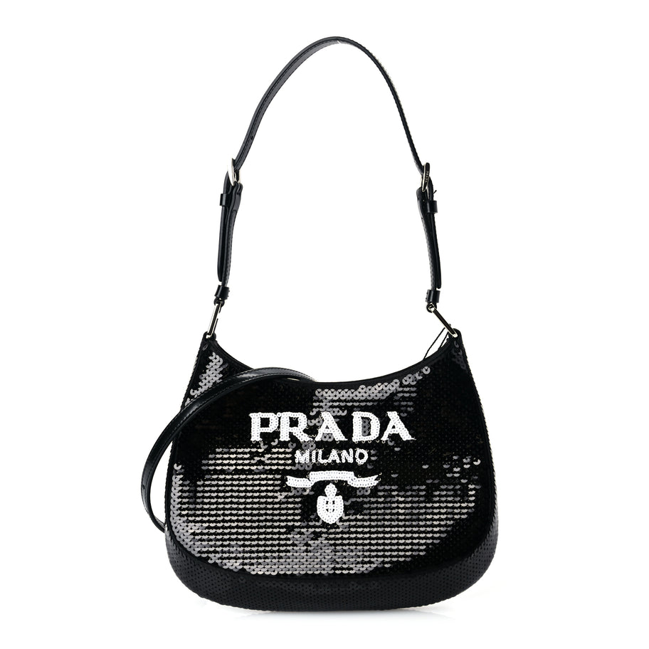 Prada Paillettes Sequin Logo Cleo Adjustable Strap Shoulder Bag Black White Image 1