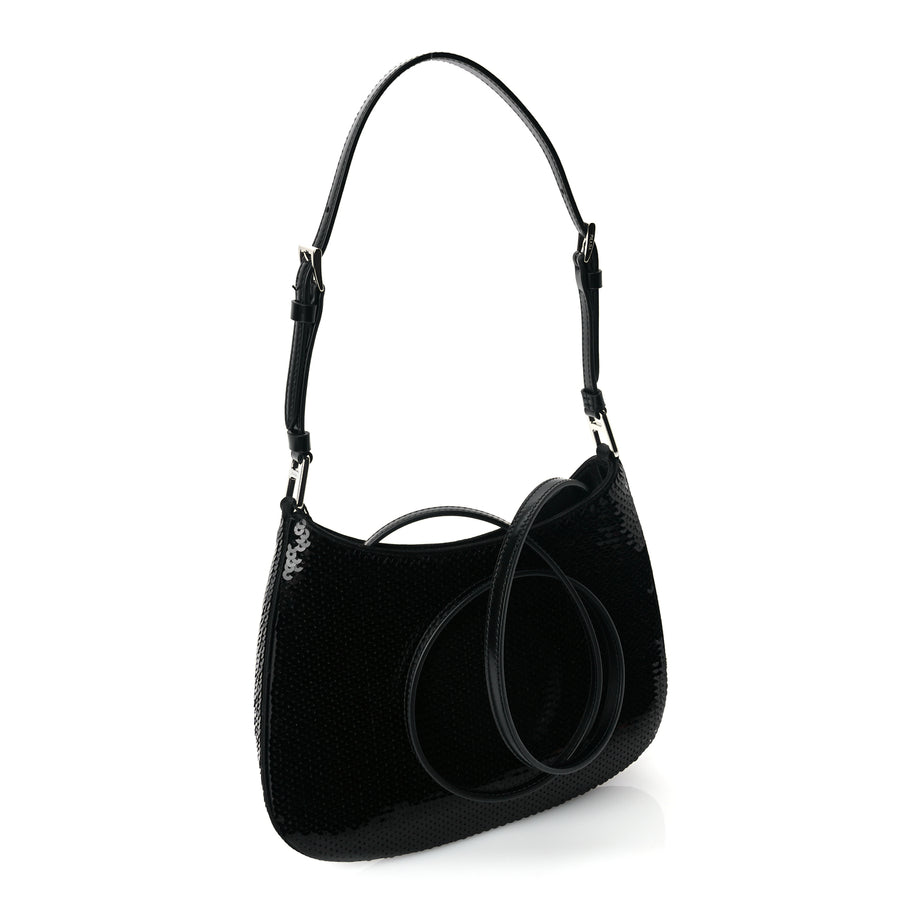 Prada Paillettes Sequin Logo Cleo Adjustable Strap Shoulder Bag Black White Image 2