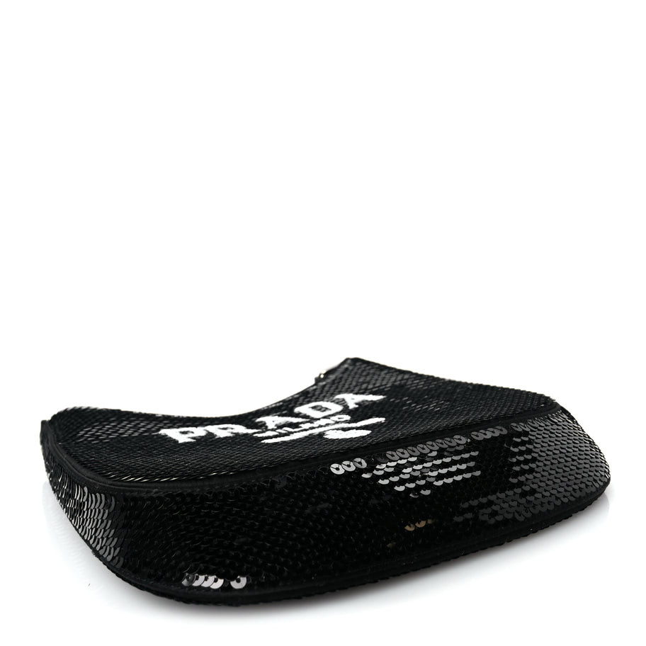 Prada Paillettes Sequin Logo Cleo Adjustable Strap Shoulder Bag Black White Image 3