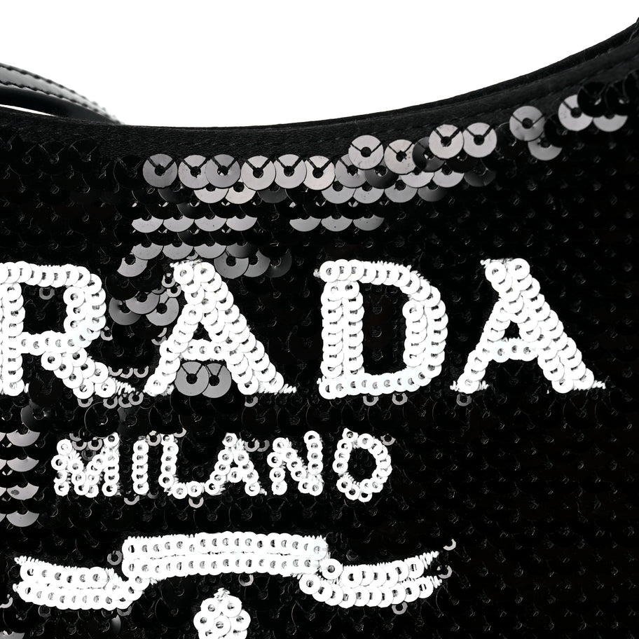 Prada Paillettes Sequin Logo Cleo Adjustable Strap Shoulder Bag Black White Image 6