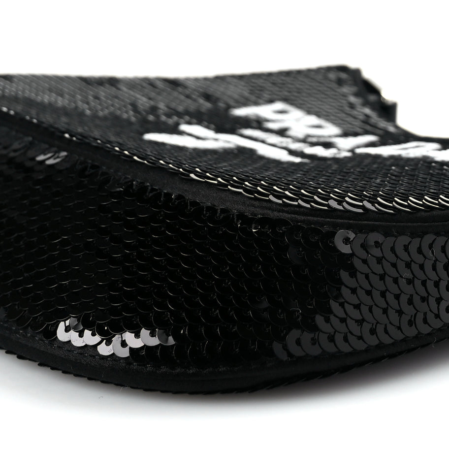 Prada Paillettes Sequin Logo Cleo Adjustable Strap Shoulder Bag Black White Image 8