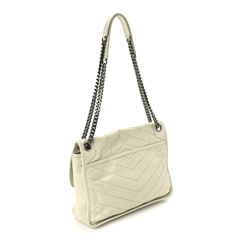  Saint Laurent Crinkled Calfskin Matelasse Monogram Medium Niki Chain Satchel Crema Soft