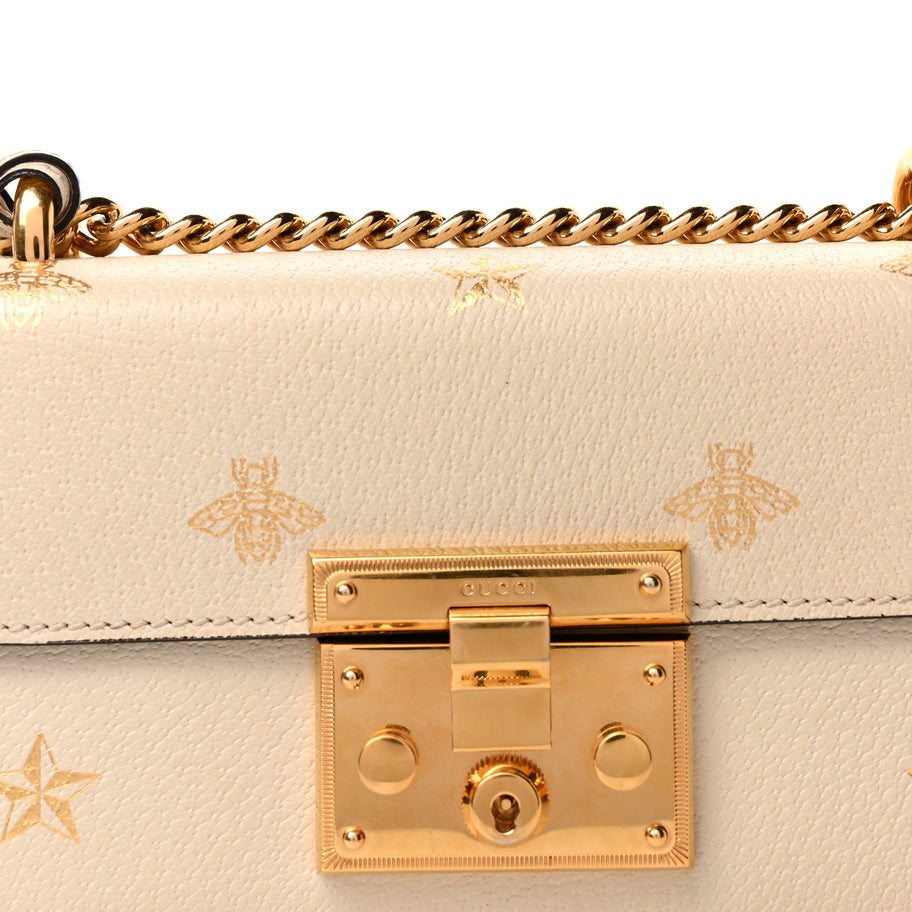 Gucci Grained Calfskin Bee Star Small Padlock Shoulder Bag White Image 6