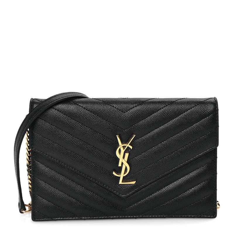  Saint Laurent Grain De Poudre Matelasse Chevron Monogram Envelope Chain Wallet Black