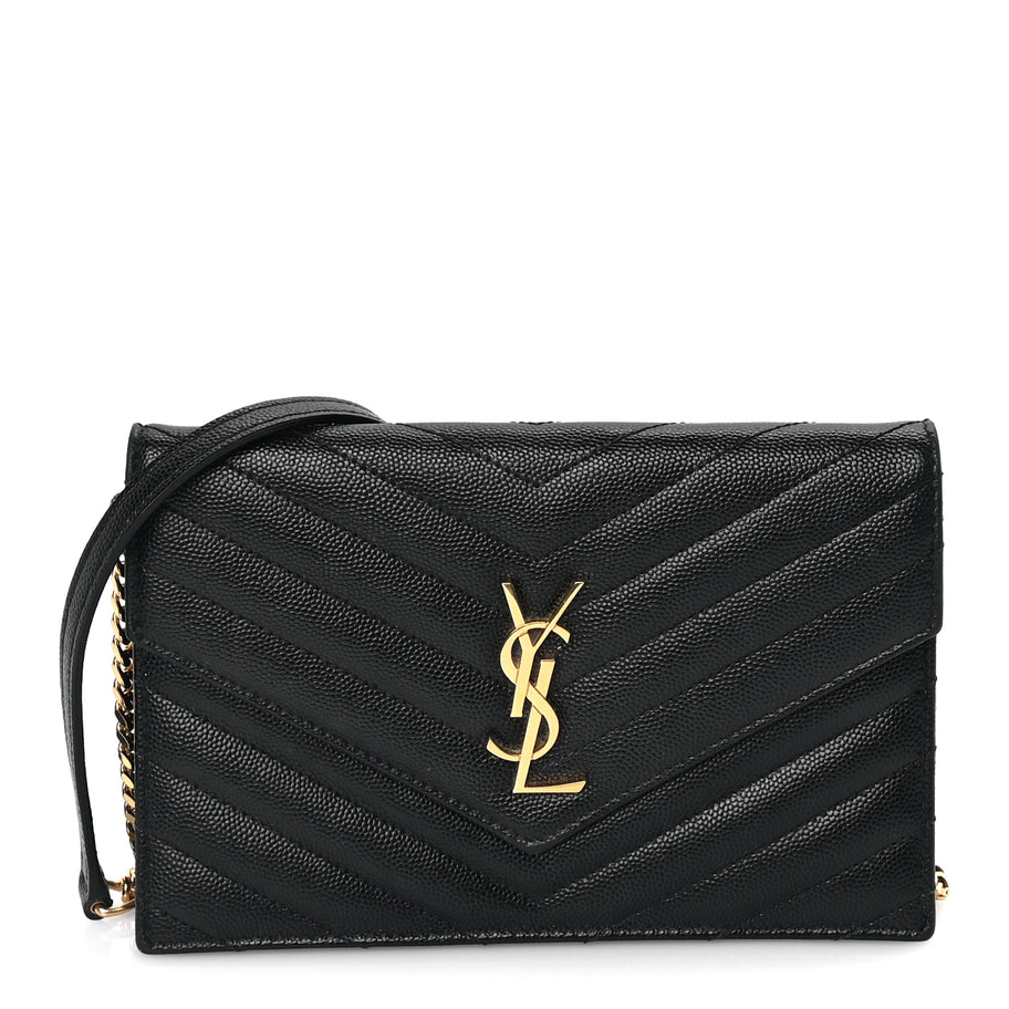 Saint Laurent Grain De Poudre Matelasse Chevron Monogram Envelope Chain Wallet Black Image 1