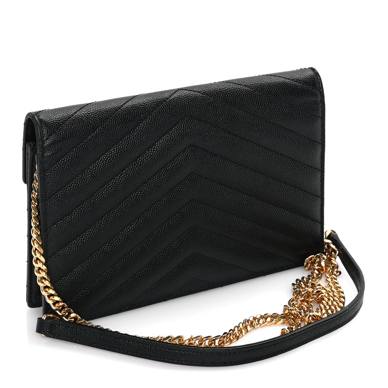  Saint Laurent Grain De Poudre Matelasse Chevron Monogram Envelope Chain Wallet Black