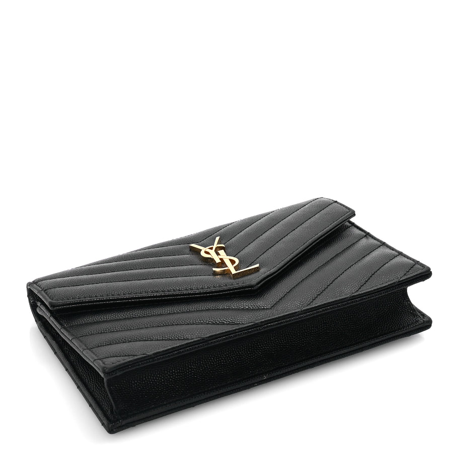 Saint Laurent Grain De Poudre Matelasse Chevron Monogram Envelope Chain Wallet Black Image 3