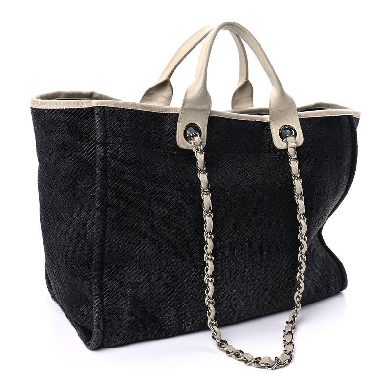  Chanel Woven Straw Raffia Medium Deauville Tote Black White