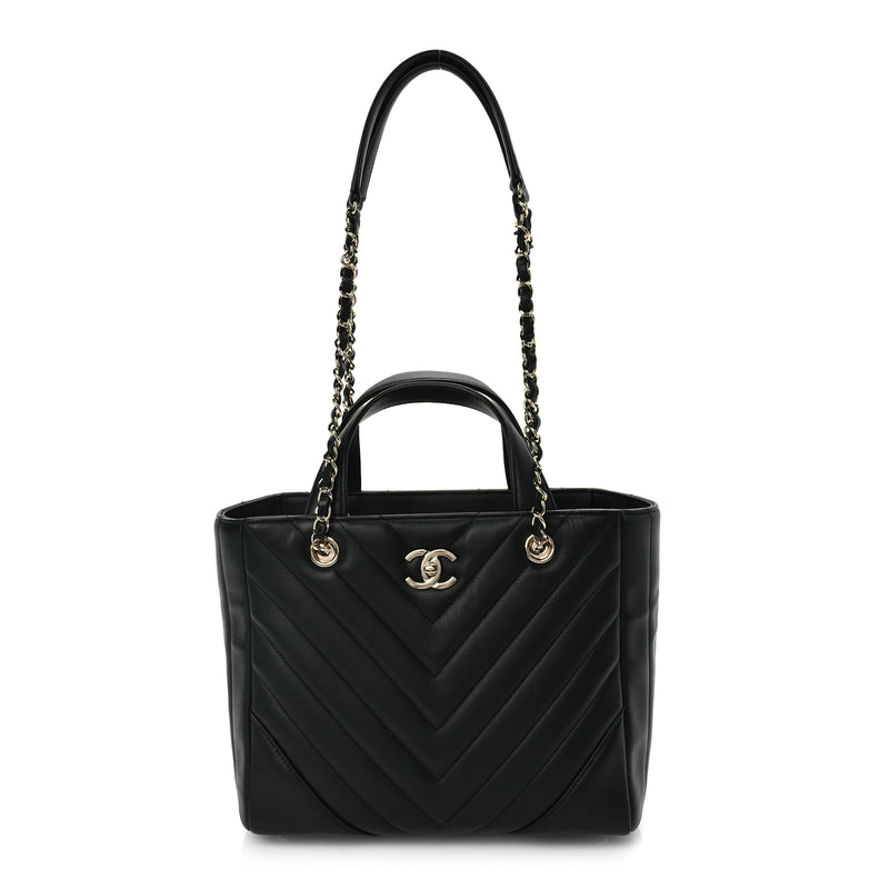  Chanel Calfskin Chevron Quilted Small Statement Shopping Tote Black