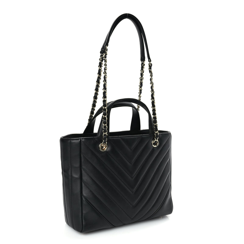  Chanel Calfskin Chevron Quilted Small Statement Shopping Tote Black