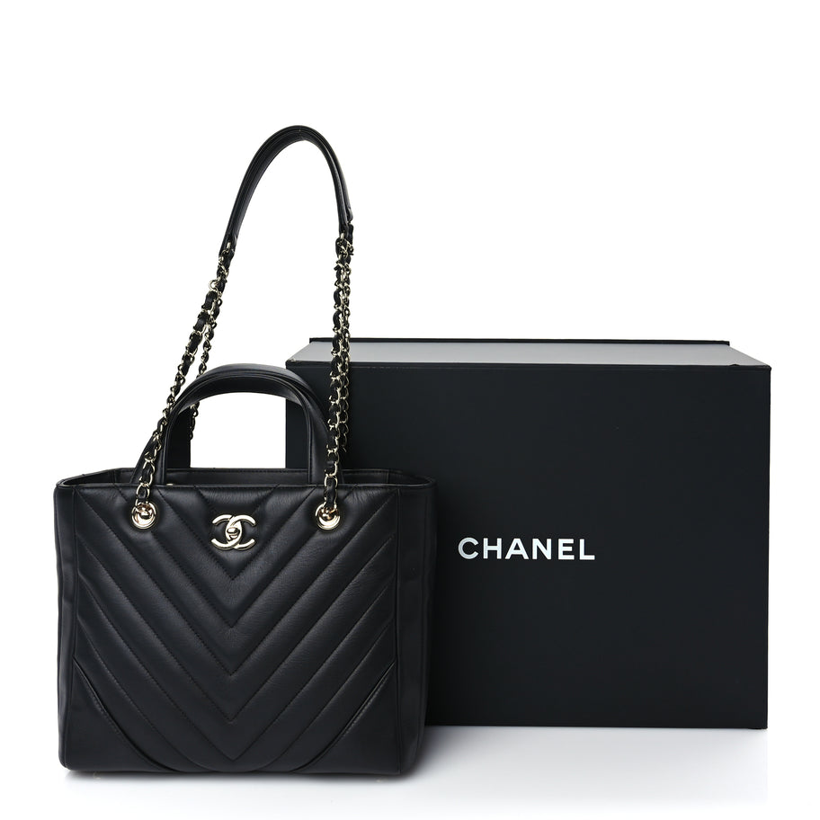Chanel Calfskin Chevron Quilted Small Statement Shopping Tote Black Image 9