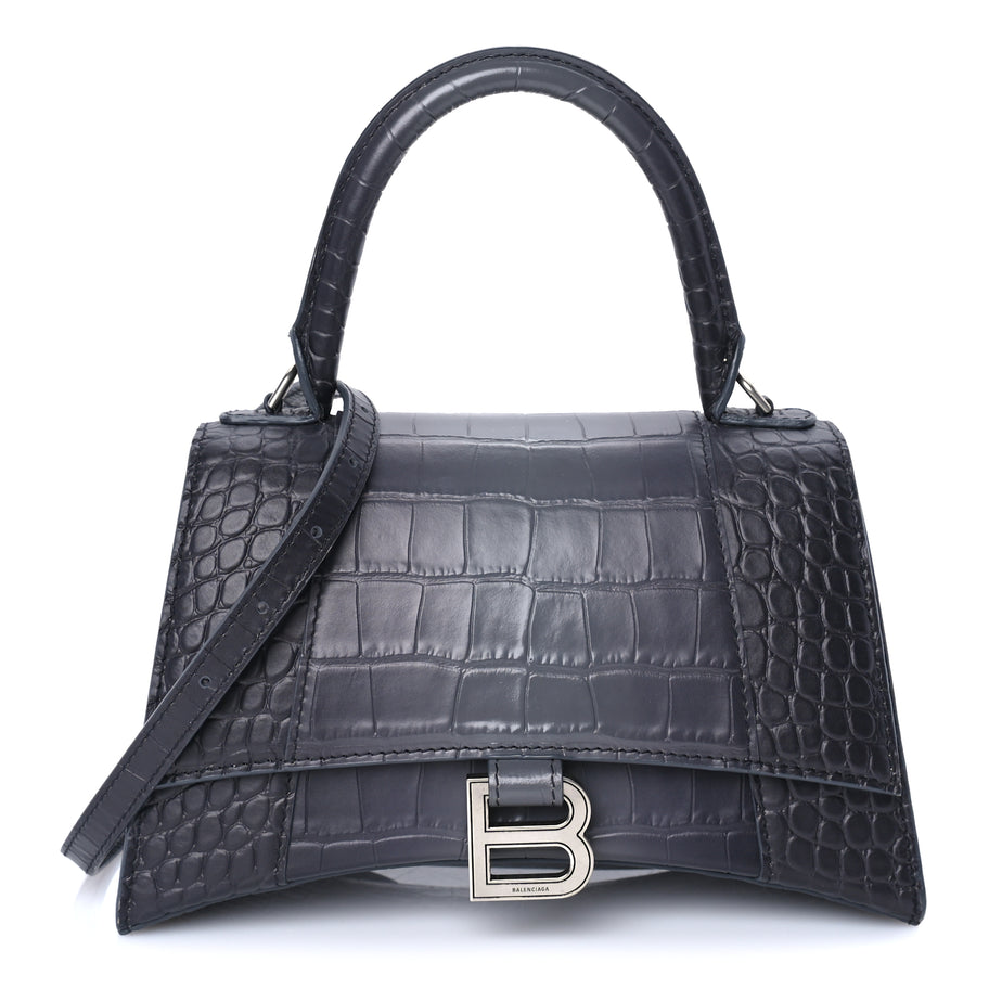 Balenciaga Shiny Calfskin Crocodile Embossed Small Hourglass Top Handle Bag  Dark Grey Image 1