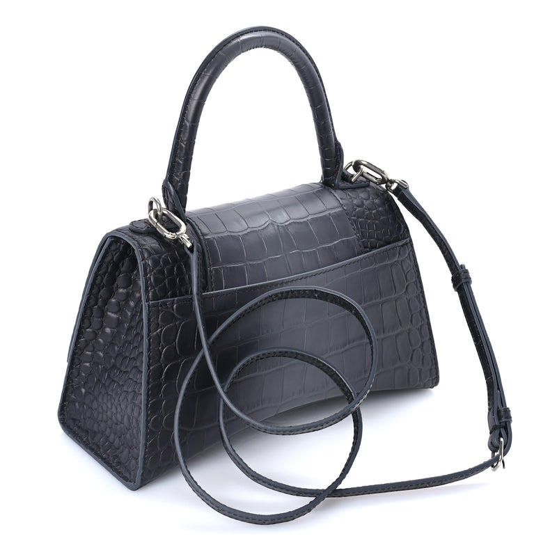  Balenciaga Shiny Calfskin Crocodile Embossed Small Hourglass Top Handle Bag  Dark Grey