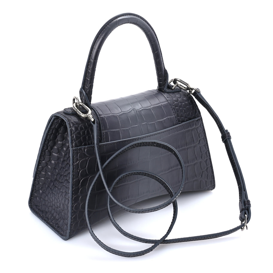 Balenciaga Shiny Calfskin Crocodile Embossed Small Hourglass Top Handle Bag  Dark Grey Image 2
