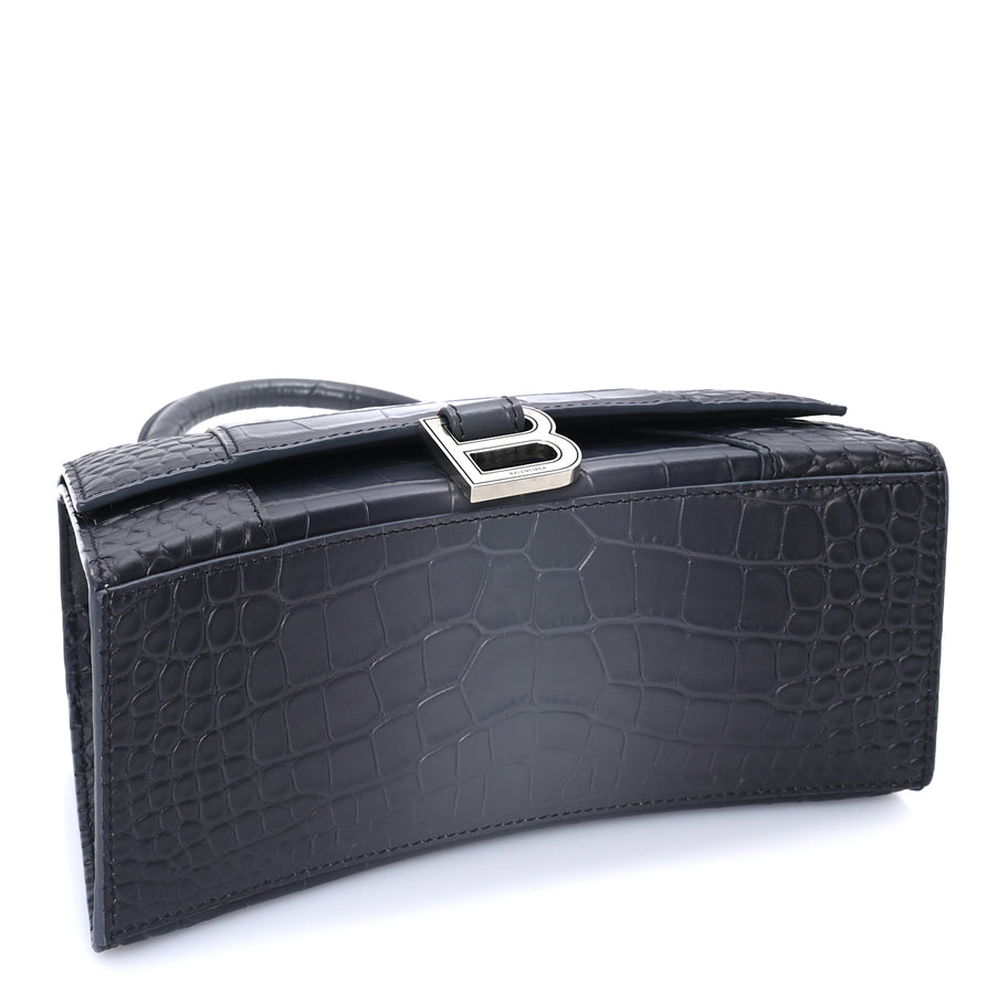 Balenciaga Shiny Calfskin Crocodile Embossed Small Hourglass Top Handle Bag  Dark Grey Image 3