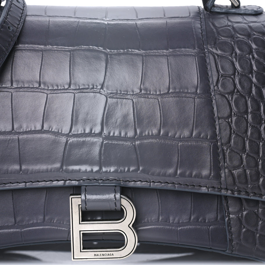 Balenciaga Shiny Calfskin Crocodile Embossed Small Hourglass Top Handle Bag  Dark Grey Image 6