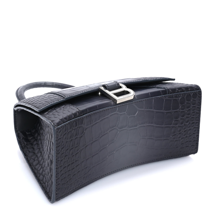 Balenciaga Shiny Calfskin Crocodile Embossed Small Hourglass Top Handle Bag  Dark Grey Image 7