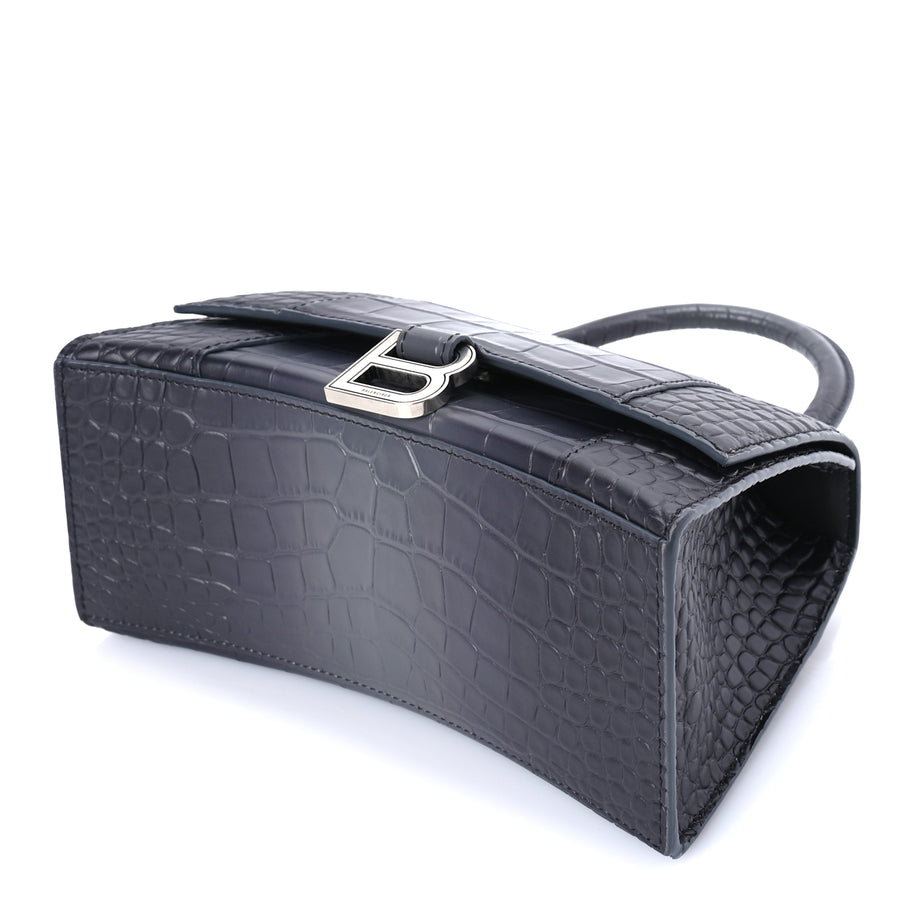 Balenciaga Shiny Calfskin Crocodile Embossed Small Hourglass Top Handle Bag  Dark Grey Image 8