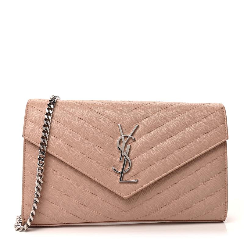  Saint Laurent Grain De Poudre Matelasse Chevron Monogram Chain Wallet Pale Pink