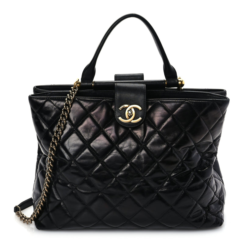  Chanel Glazed Calfskin Quilted Gold Bar Tote Black