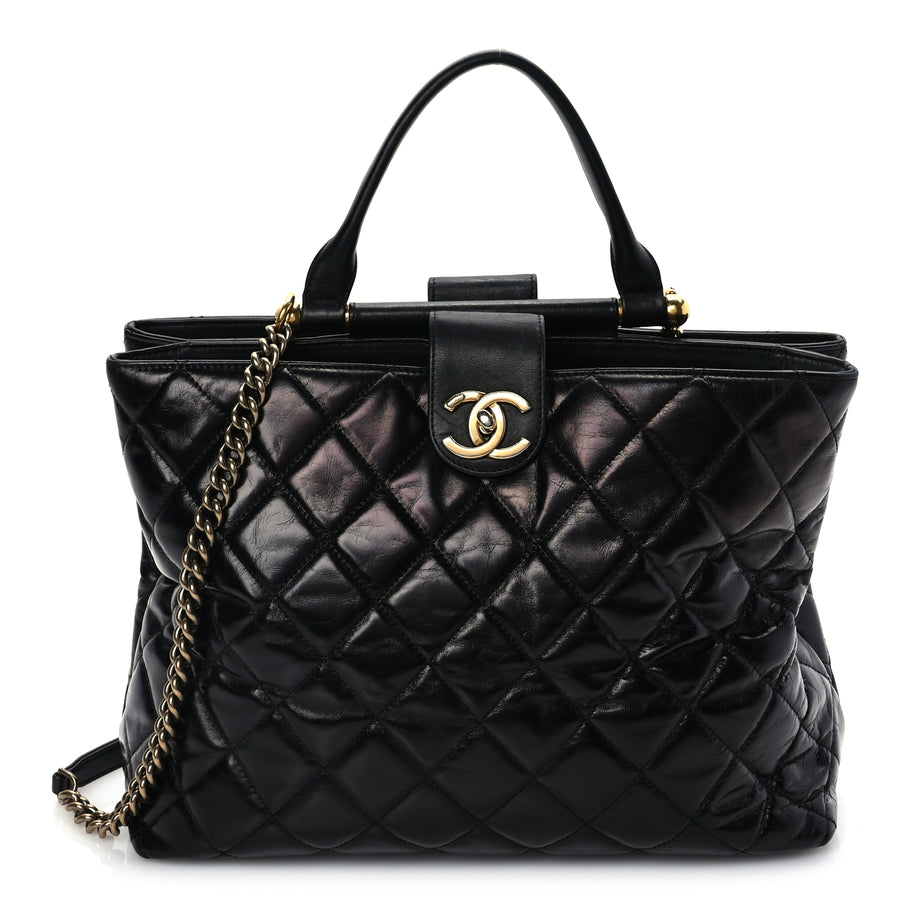 Chanel Glazed Calfskin Quilted Gold Bar Tote Black Image 1