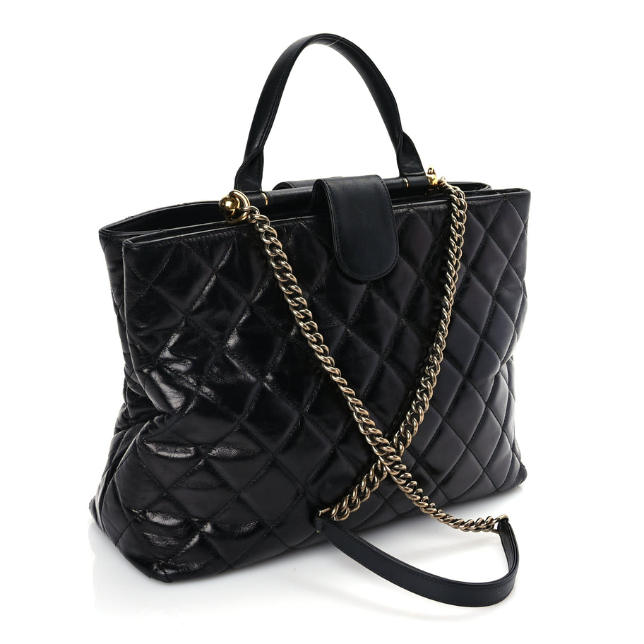 Chanel Glazed Calfskin Quilted Gold Bar Tote Black Image 2
