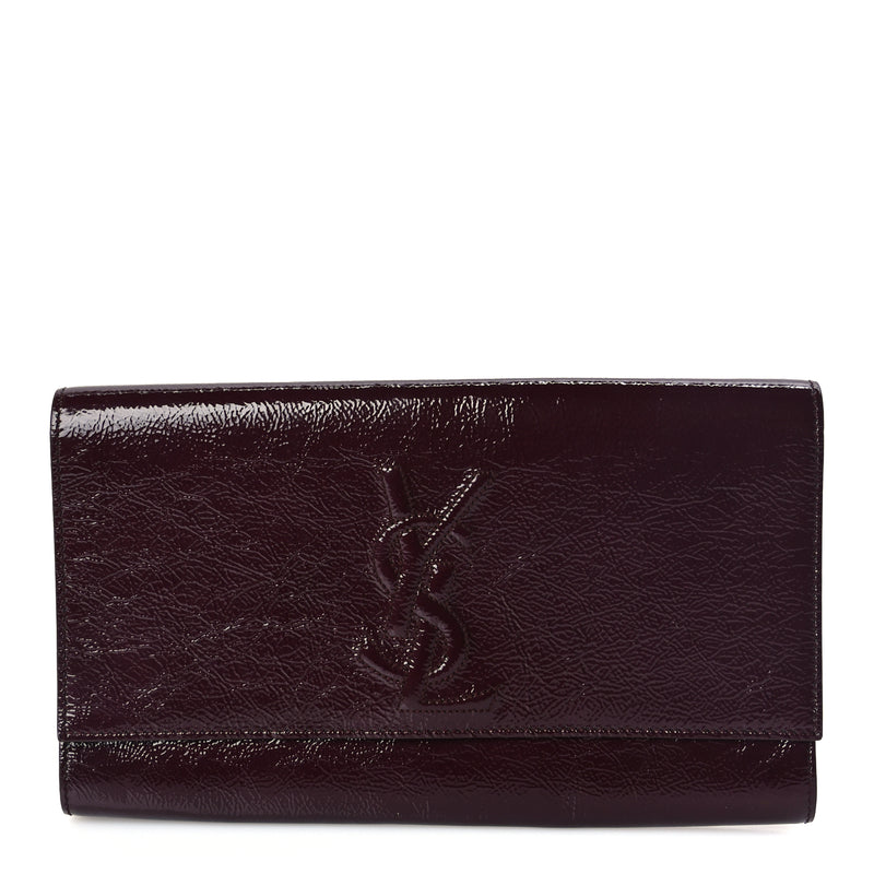  Saint Laurent Textured Patent Monogram Large Belle De Jour Clutch Burgundy