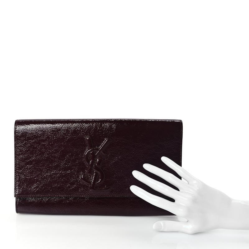  Saint Laurent Textured Patent Monogram Large Belle De Jour Clutch Burgundy