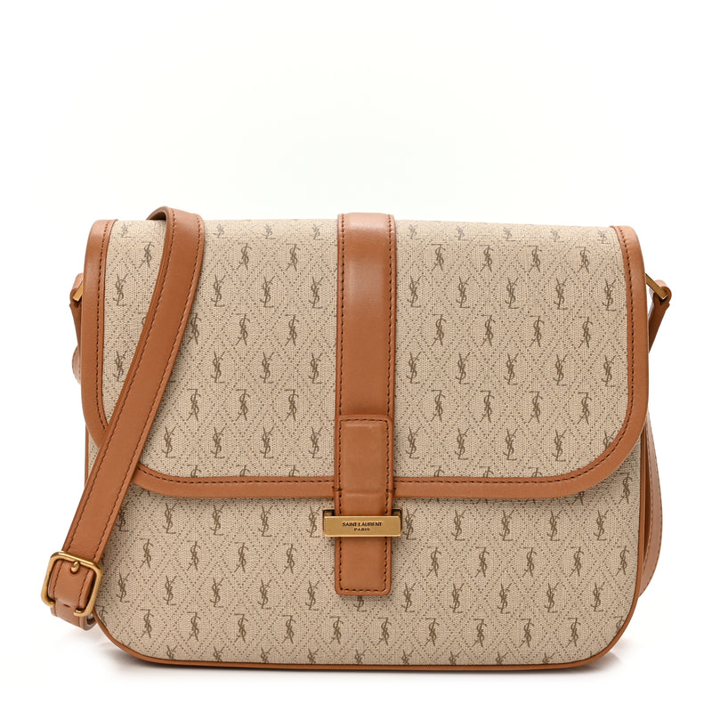  Saint Laurent Canvas All-Over Monogram Small Le Monogramme Satchel Beige Kaki Brown Gold