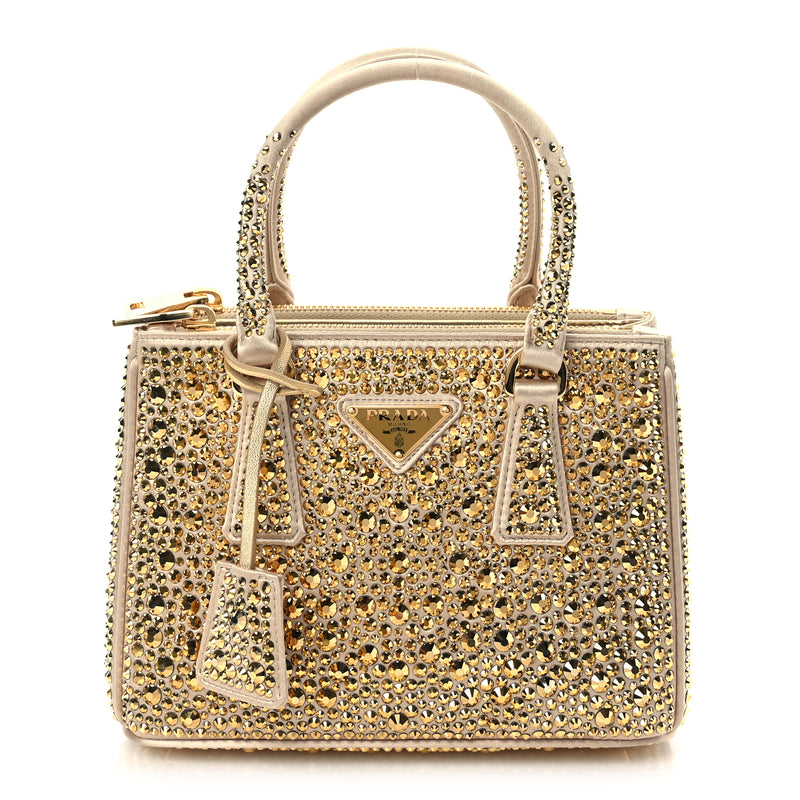  Prada Satin Crystal Mini Galleria Double Zip Tote Platino