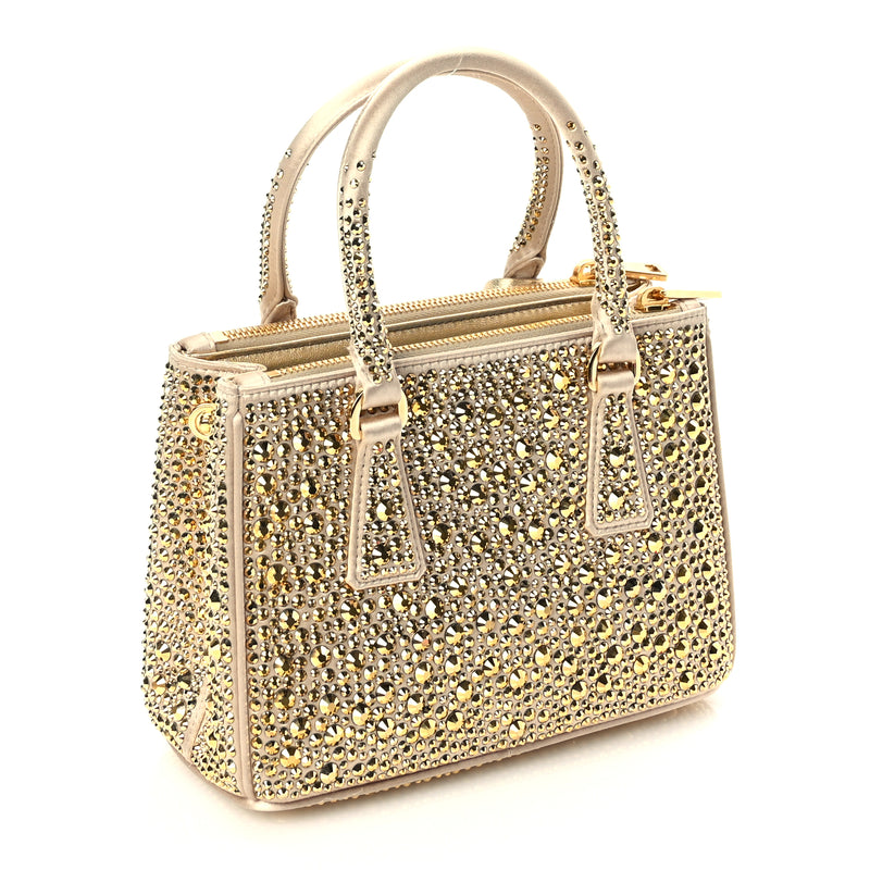  Prada Satin Crystal Mini Galleria Double Zip Tote Platino