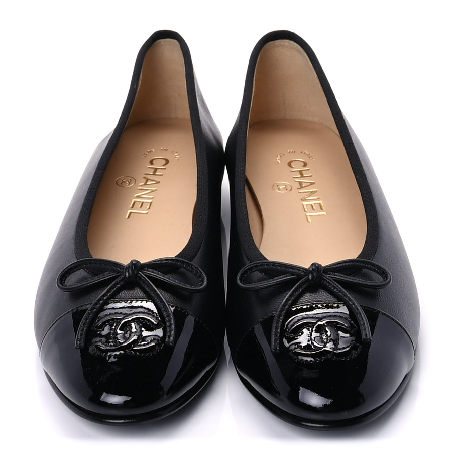Chanel Lambskin Patent Cap Toe CC Ballerina Flats 37  Black Image 2