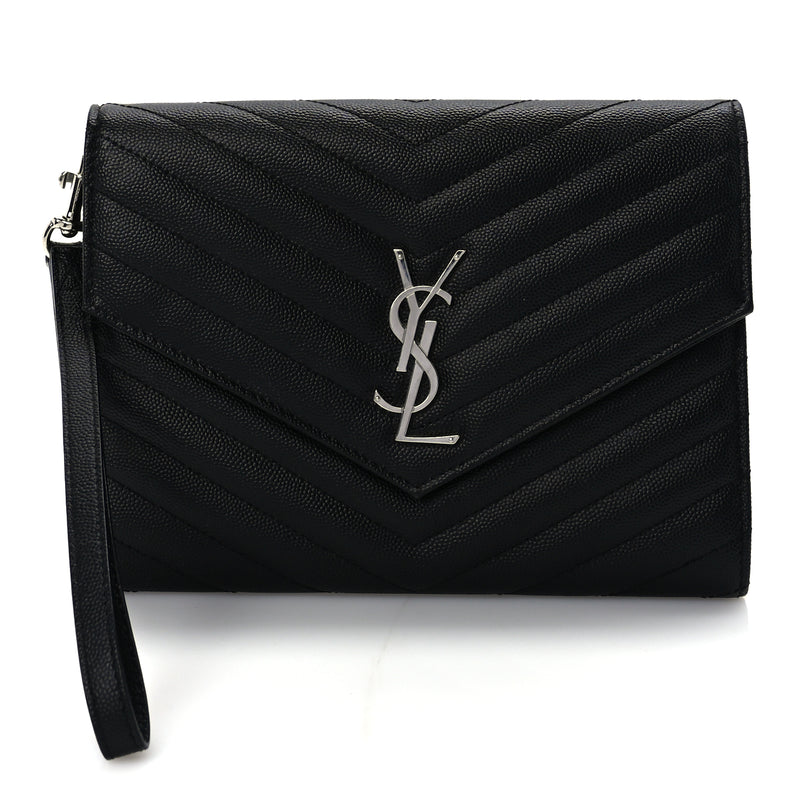  Saint Laurent Grain De Poudre Matelasse Chevron Monogram Envelope Clutch Black