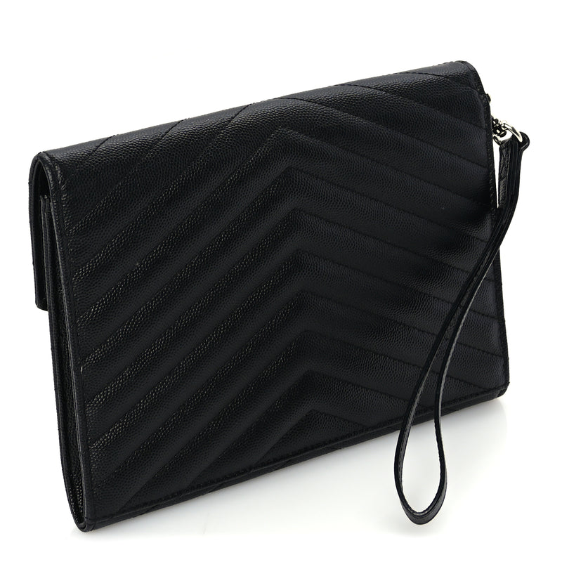  Saint Laurent Grain De Poudre Matelasse Chevron Monogram Envelope Clutch Black