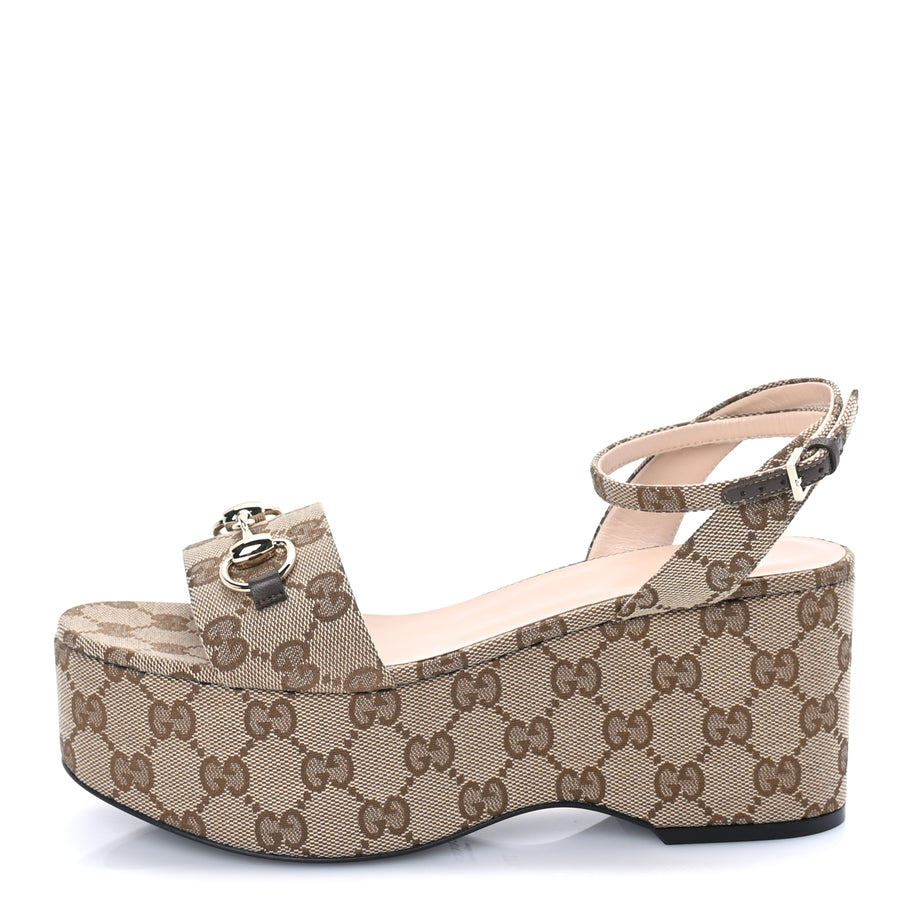 Gucci Monogram Nappa Chalotte Horsebit Ankle Strap 75mm Flatform Sandals 37.5  Beige Ebony Image 1