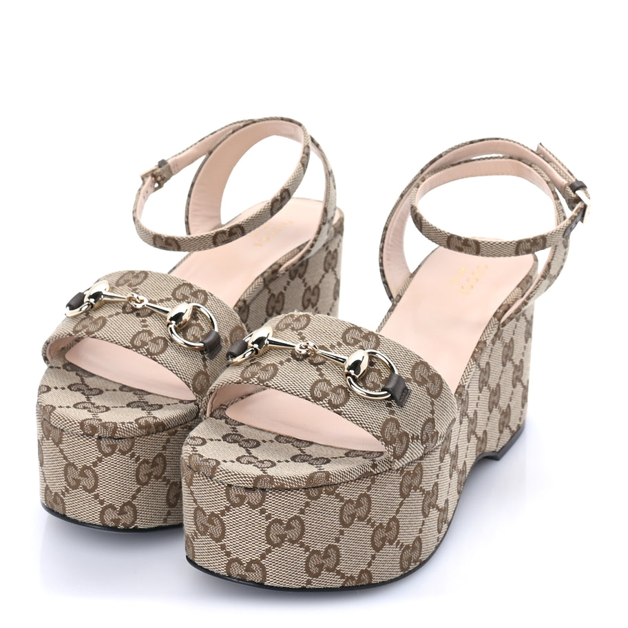 Gucci Monogram Nappa Chalotte Horsebit Ankle Strap 75mm Flatform Sandals 37.5  Beige Ebony Image 2