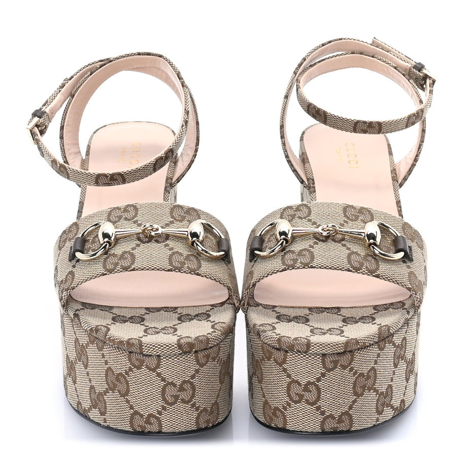 Gucci Monogram Nappa Chalotte Horsebit Ankle Strap 75mm Flatform Sandals 37.5  Beige Ebony Image 3