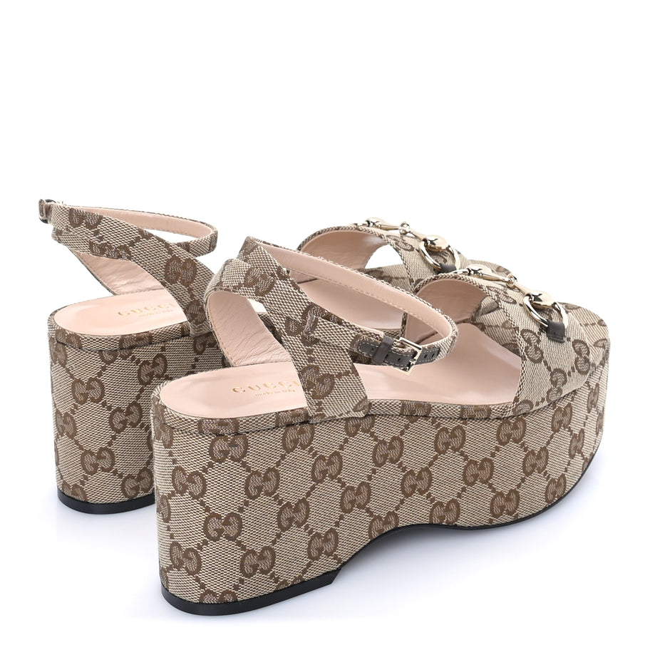 Gucci Monogram Nappa Chalotte Horsebit Ankle Strap 75mm Flatform Sandals 37.5  Beige Ebony Image 4