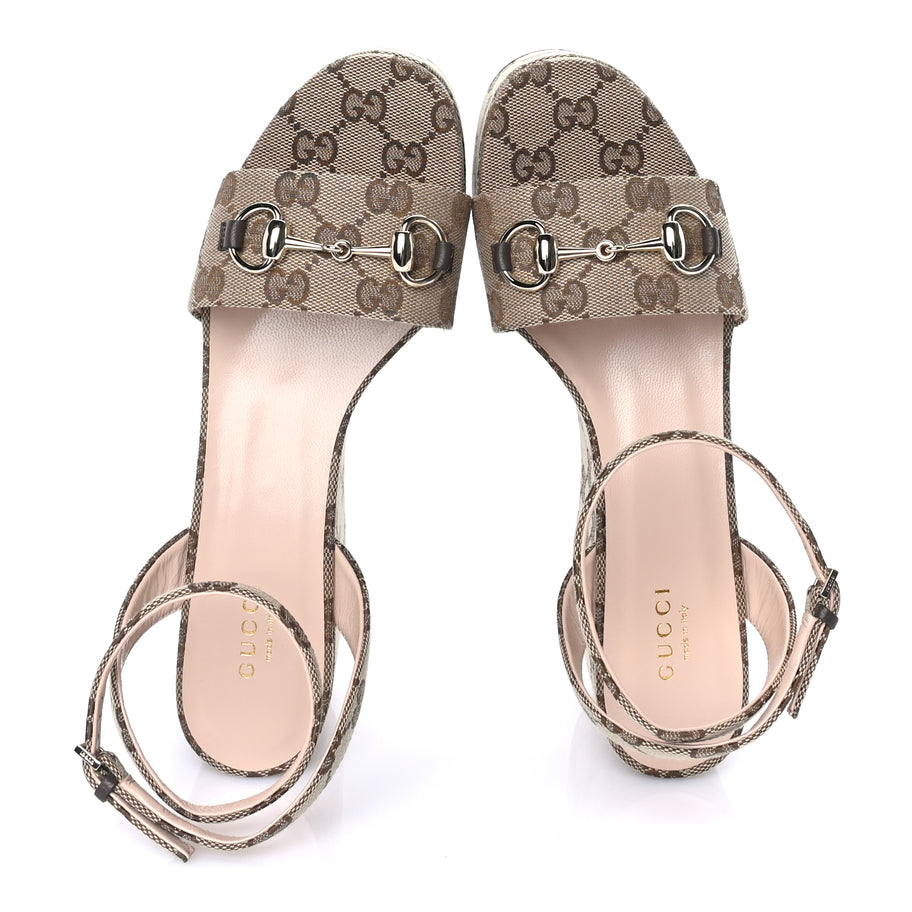 Gucci Monogram Nappa Chalotte Horsebit Ankle Strap 75mm Flatform Sandals 37.5  Beige Ebony Image 5