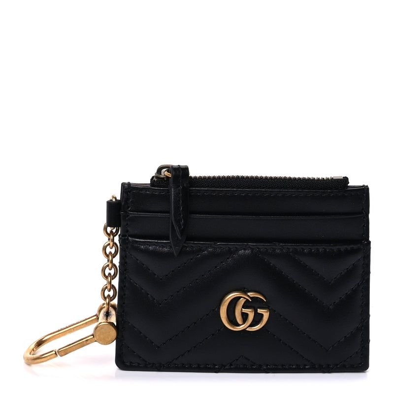  Gucci Calfskin Matelasse Chevron GG Marmont Key Case Card Holder Black