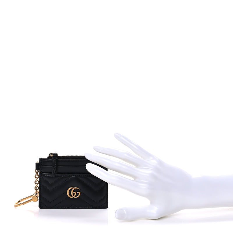  Gucci Calfskin Matelasse Chevron GG Marmont Key Case Card Holder Black